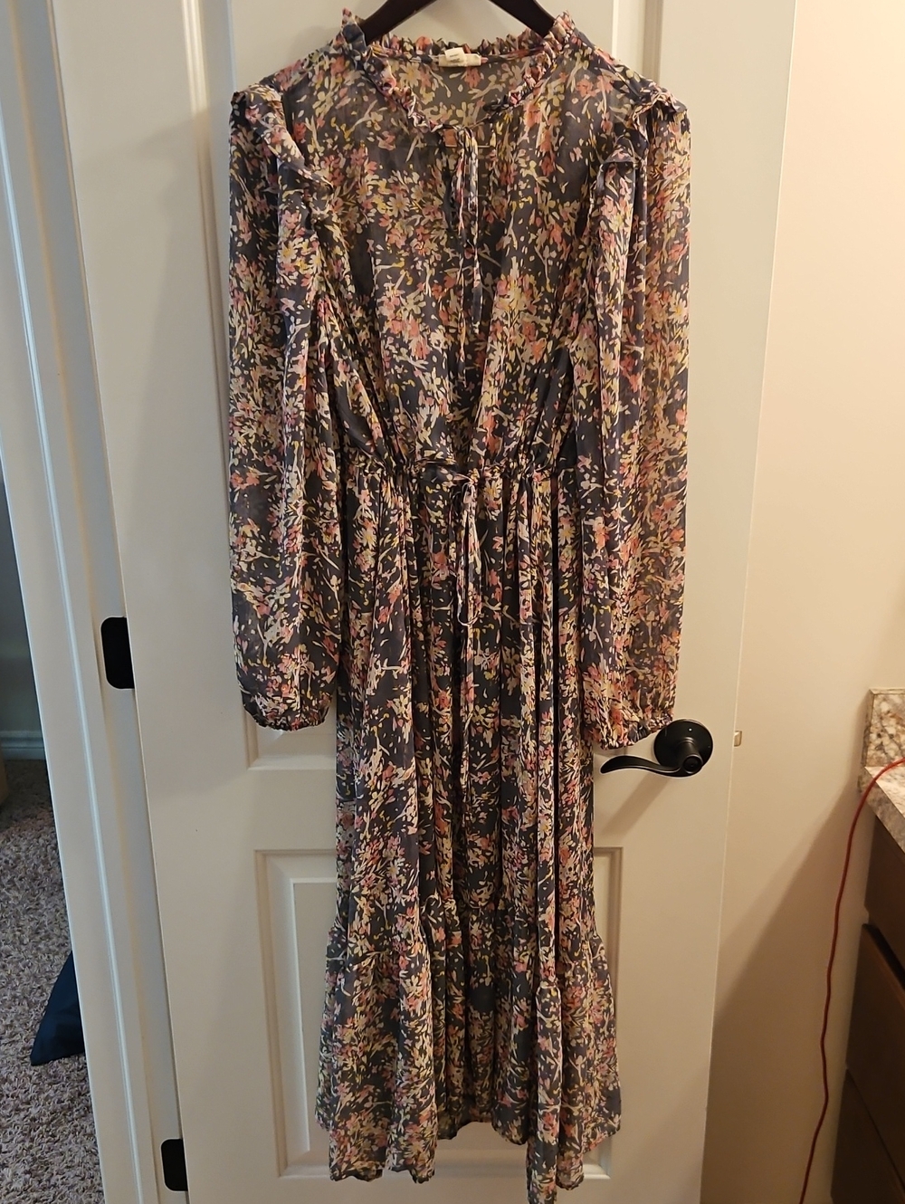 ANA Gray Floral Maxi Dress, Sheer Balloon Sleeves, Lined Slip, Cinched Waist, L - Picture 2 of 11